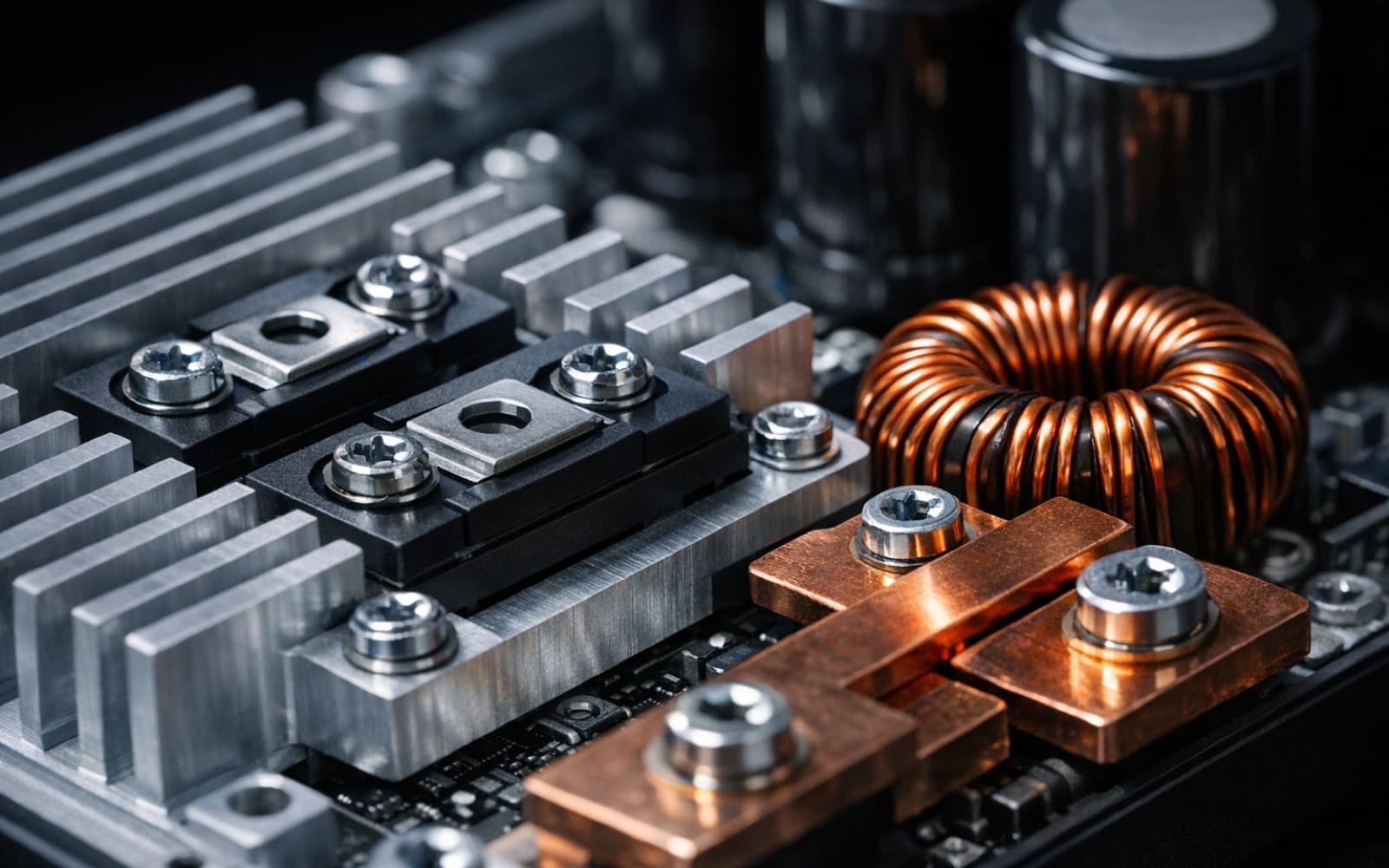 Close-up of a solar inverter's power stage — IGBT modules on a machined aluminium heat sink beside copper busbars and a toroidal inductor