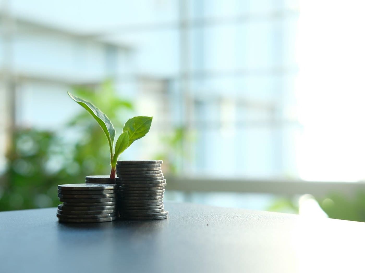 Stacked coins with a growing plant — long-term financial return from solar