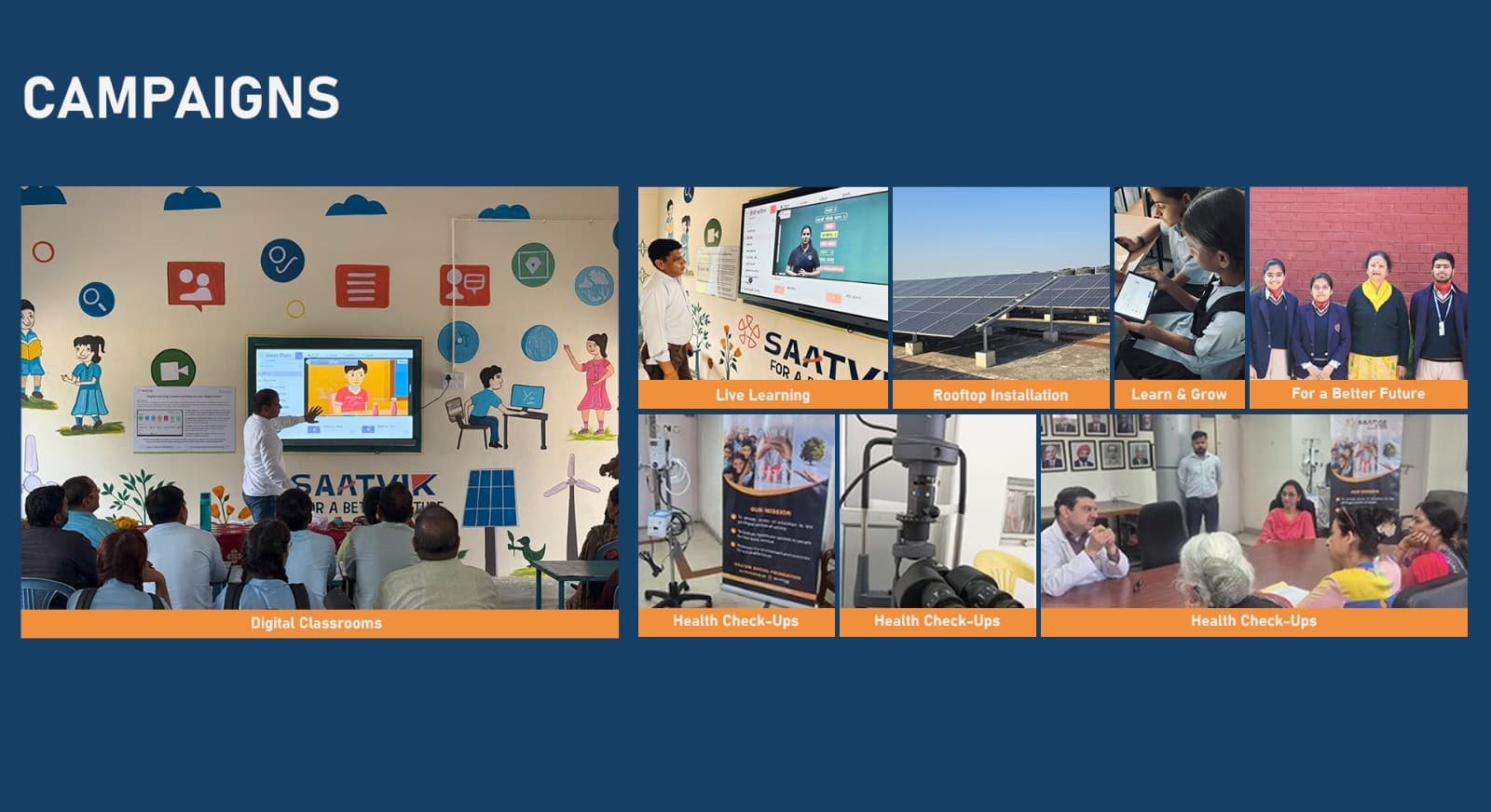 Saatvik Foundation CSR campaigns — digital classrooms, rooftop installations, health check-ups and more